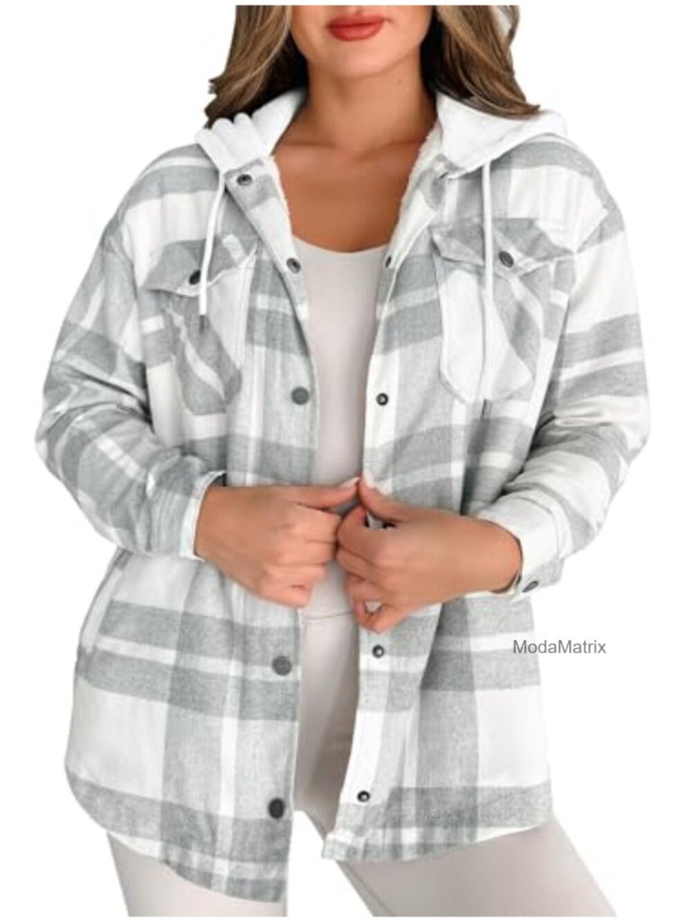 Flannel Plaid Shacket Sherpa Fleece Lined Hooded Oversized Jacket
